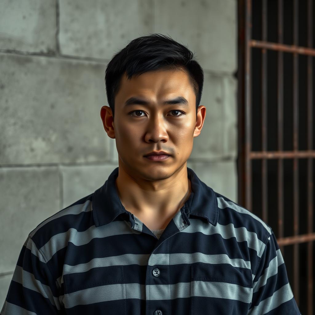 A strong-looking Chinese male prisoner with a fierce expression, short black hair, wearing a standard prison uniform featuring horizontal stripes in dark blue and white