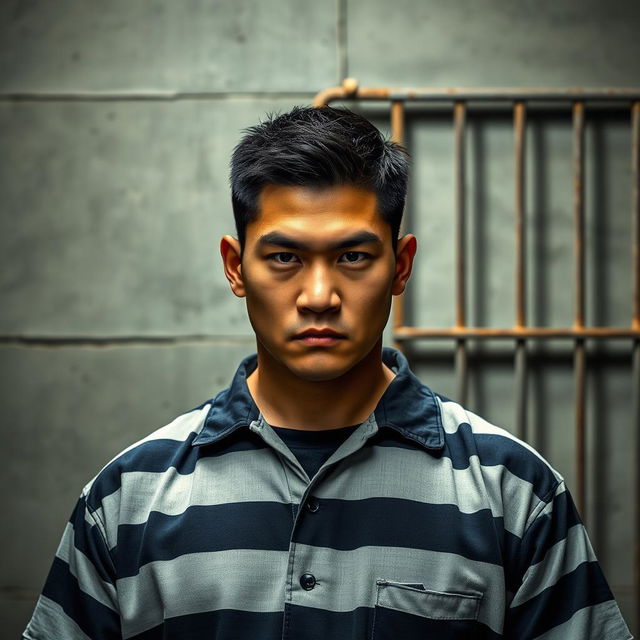 A strong-looking Chinese male prisoner with a fierce expression, short black hair, wearing a standard prison uniform featuring horizontal stripes in dark blue and white