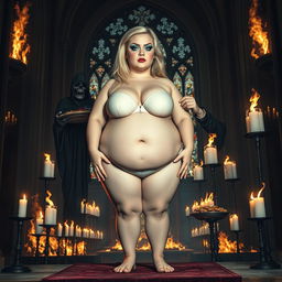 A captivating 18-year-old voluptuous obese blonde girl with a thin face, large round soft breasts, a soft belly, ultra wide soft fat round hips, large round thighs, and thick round legs