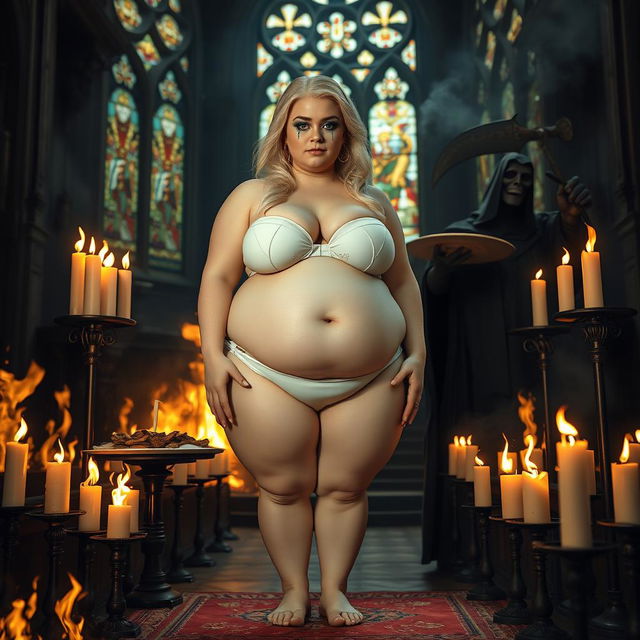 A captivating 18-year-old voluptuous obese blonde girl with a thin face, large round soft breasts, a soft belly, ultra wide soft fat round hips, large round thighs, and thick round legs