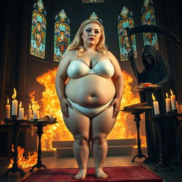 A captivating 18-year-old voluptuous obese blonde girl with a thin face, large round soft breasts, a soft belly, ultra wide soft fat round hips, large round thighs, and thick round legs
