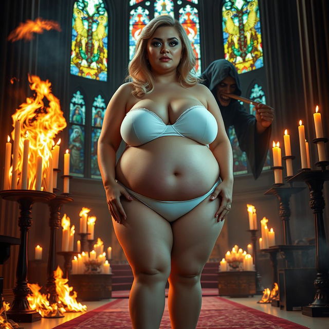 A stunning 18-year-old voluptuous obese blonde girl with a thin face and captivating features, including large round soft breasts, a soft belly, ultra wide soft fat round hips, large round thighs, and thick round legs