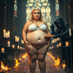 A stunning 18-year-old voluptuous obese blonde girl with a thin face and captivating features, including large round soft breasts, a soft belly, ultra wide soft fat round hips, large round thighs, and thick round legs