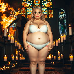 A stunning 18-year-old voluptuous obese blonde girl with a thin face and captivating features, including large round soft breasts, a soft belly, ultra wide soft fat round hips, large round thighs, and thick round legs