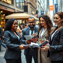 A dynamic scene in a modern city setting, showcasing a team of bank sales representatives engaging in proactive prospecting activities