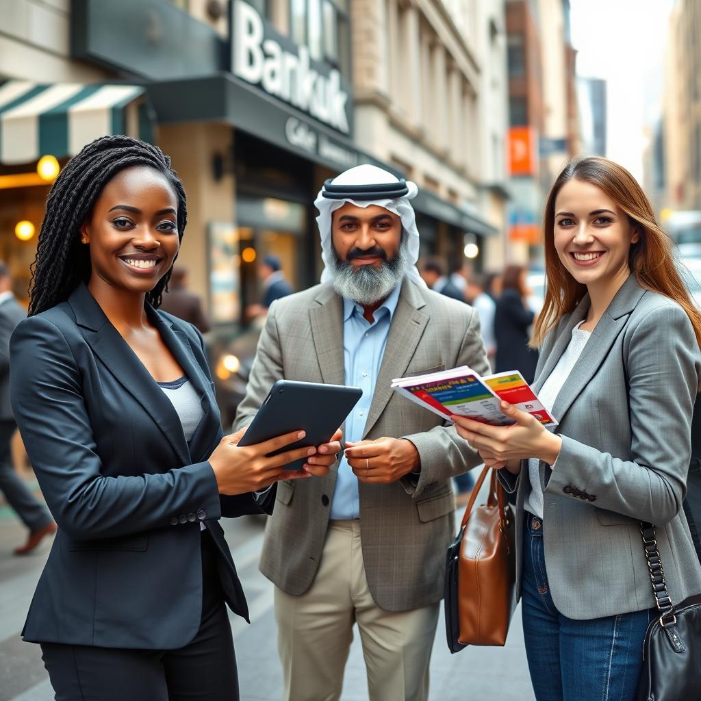 A dynamic scene in a modern city setting, showcasing a team of bank sales representatives engaging in proactive prospecting activities