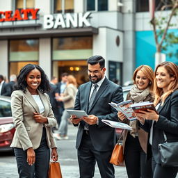 A dynamic scene in a modern city setting, showcasing a team of bank sales representatives engaging in proactive prospecting activities