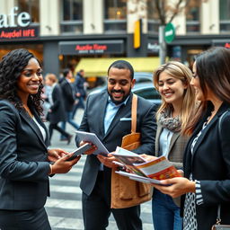A dynamic scene in a modern city setting, showcasing a team of bank sales representatives engaging in proactive prospecting activities