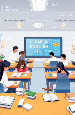 A visually appealing illustration representing the theme of learning English with AI