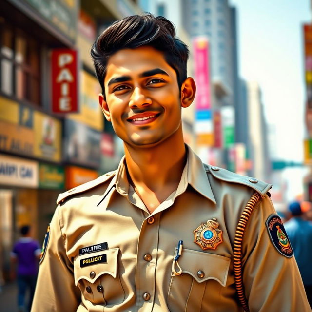 A strikingly attractive Indian police officer standing confidently in a cityscape, wearing a well-fitted uniform that highlights their fit physique