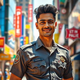 A strikingly attractive Indian police officer standing confidently in a cityscape, wearing a well-fitted uniform that highlights their fit physique