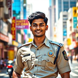 A strikingly attractive Indian police officer standing confidently in a cityscape, wearing a well-fitted uniform that highlights their fit physique
