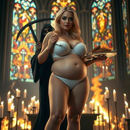 A striking 18-year-old voluptuous blonde girl with a thin face, exhibiting large round soft breasts, a soft belly, ultra wide soft fat round hips, large round thighs, and thick round legs