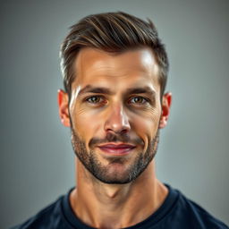 A hyper photorealistic portrait of a 29-year-old man, standing at 170 cm and weighing 84 kg