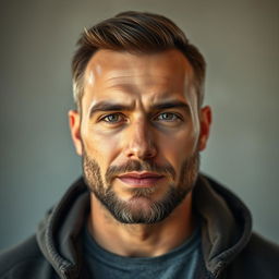 A hyper photorealistic portrait of a 29-year-old man, standing at 170 cm and weighing 84 kg