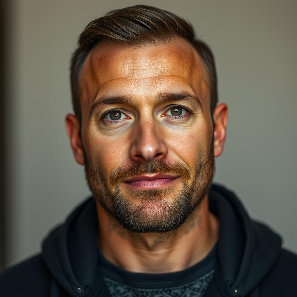 A hyper photorealistic portrait of a 29-year-old man, standing at 170 cm and weighing 84 kg