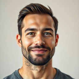 A hyper photorealistic portrait of a 29-year-old man, standing at 170 cm and weighing 84 kg