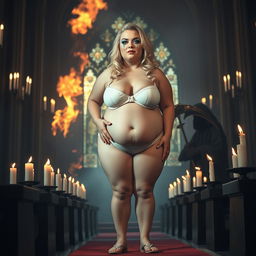 A striking 18-year-old voluptuous fat blonde girl with a thin face, featuring large round soft breasts, a soft belly, ultra wide soft fat round hips, large round thighs, and thick round legs