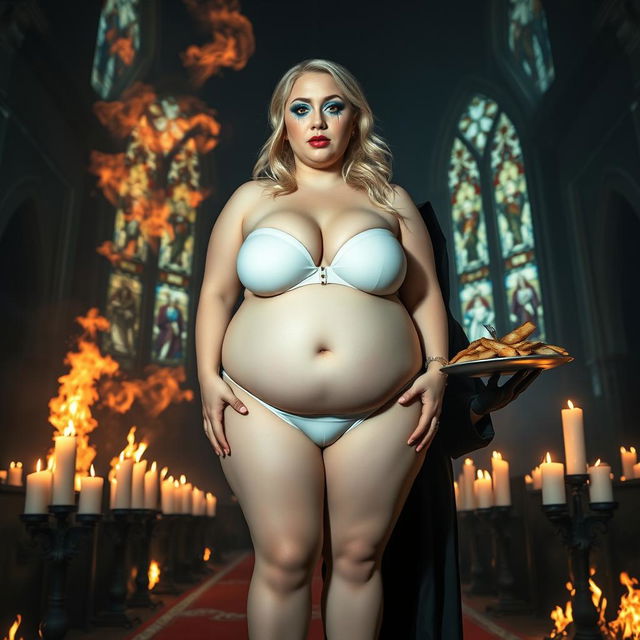 A striking 18-year-old voluptuous fat blonde girl with a thin face, featuring large round soft breasts, a soft belly, ultra wide soft fat round hips, large round thighs, and thick round legs