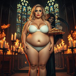 A striking 18-year-old voluptuous fat blonde girl with a thin face, featuring large round soft breasts, a soft belly, ultra wide soft fat round hips, large round thighs, and thick round legs