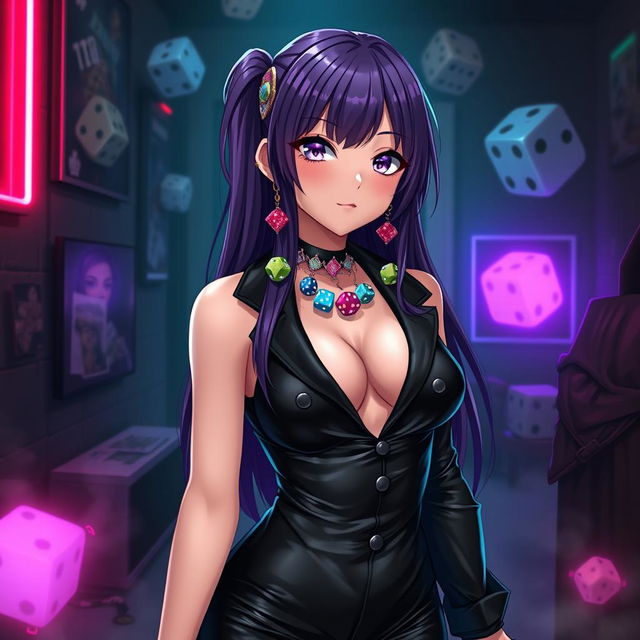 An anime-inspired dominatrix with a unique dice theme