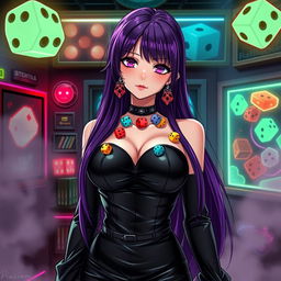 An anime-inspired dominatrix with a unique dice theme