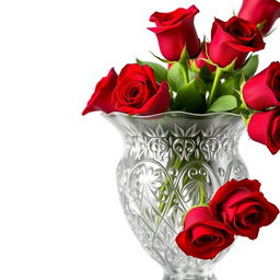 A close-up of a beautiful, elegant crystal vase filled with vibrant red roses, captured in a well-lit, soft-focus style