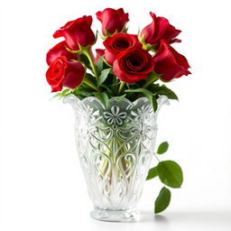 A close-up of a beautiful, elegant crystal vase filled with vibrant red roses, captured in a well-lit, soft-focus style