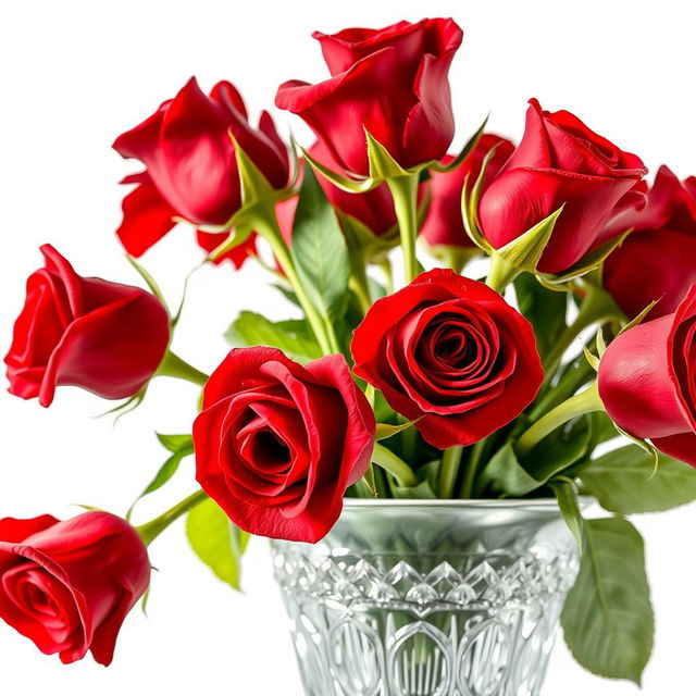 A close-up of a beautiful, elegant crystal vase filled with vibrant red roses, captured in a well-lit, soft-focus style