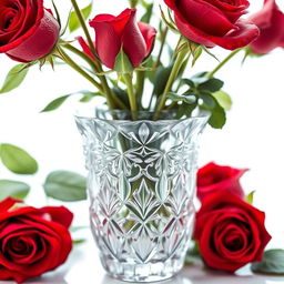 A close-up of a beautiful, elegant crystal vase filled with vibrant red roses, captured in a well-lit, soft-focus style