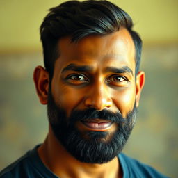 A hyper photorealistic portrait of a 29-year-old Kerala man, standing at 170 cm and weighing 84 kg