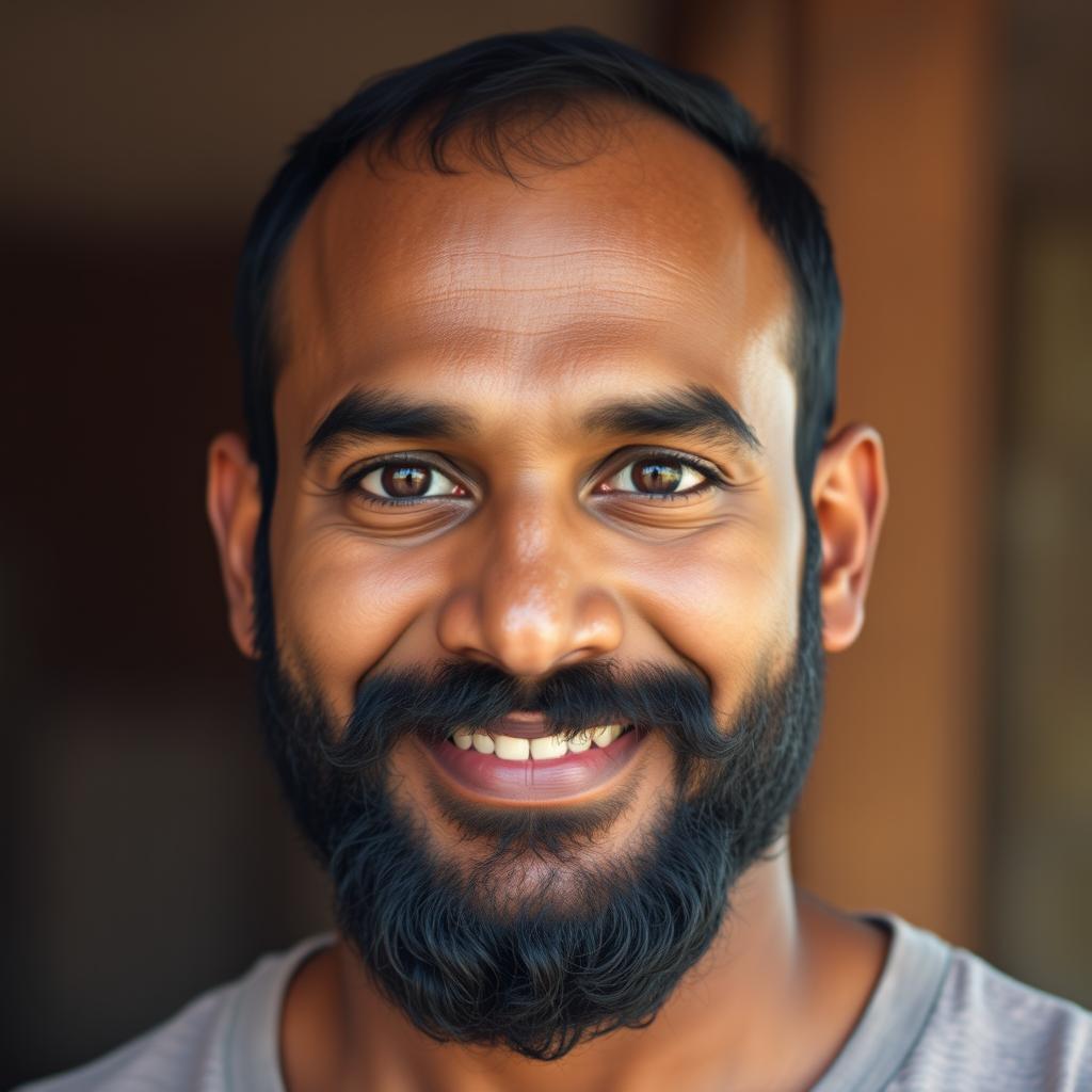 A hyper photorealistic portrait of a 29-year-old Kerala man, standing at 170 cm and weighing 84 kg