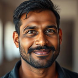 A hyper photorealistic portrait of a 29-year-old Kerala man, standing at 170 cm and weighing 84 kg