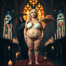 A striking 18-year-old voluptuous blonde girl with a thin face, characterized by large round soft breasts, a soft belly, ultra wide soft fat round hips, large round thighs, and thick round legs