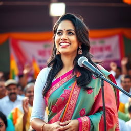 A charismatic and attractive Indian politician delivering a passionate speech at a rally
