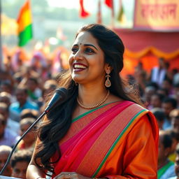 A charismatic and attractive Indian politician delivering a passionate speech at a rally