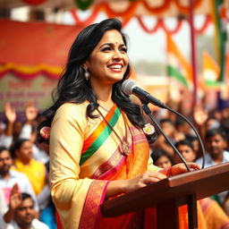 A charismatic and attractive Indian politician delivering a passionate speech at a rally