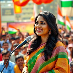 A charismatic and attractive Indian politician delivering a passionate speech at a rally