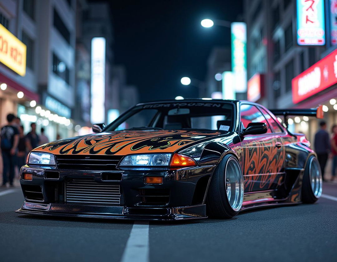 A striking Bosozoku-style car, characterized by its eccentric modifications, featuring an exaggerated body kit, elongated exhaust pipes, and vibrant decals