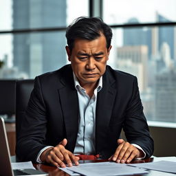 A Chinese businessman in apparent distress, wearing a tailored dark suit with an open collar
