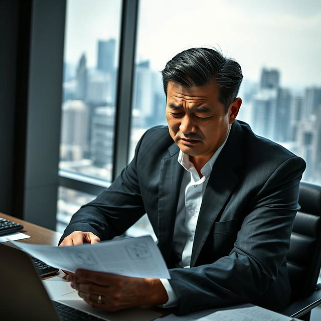 A Chinese businessman in apparent distress, wearing a tailored dark suit with an open collar