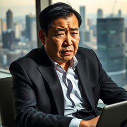 A Chinese businessman in apparent distress, wearing a tailored dark suit with an open collar