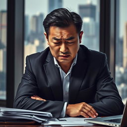 A Chinese businessman in apparent distress, wearing a tailored dark suit with an open collar