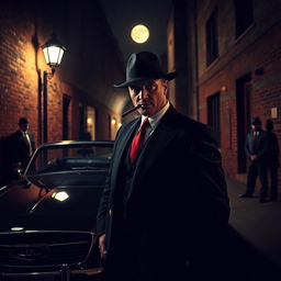 A cinematic scene featuring a classic mafia setting, showcasing a sleek black car parked under a dimly lit street lamp