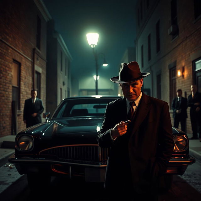 A cinematic scene featuring a classic mafia setting, showcasing a sleek black car parked under a dimly lit street lamp