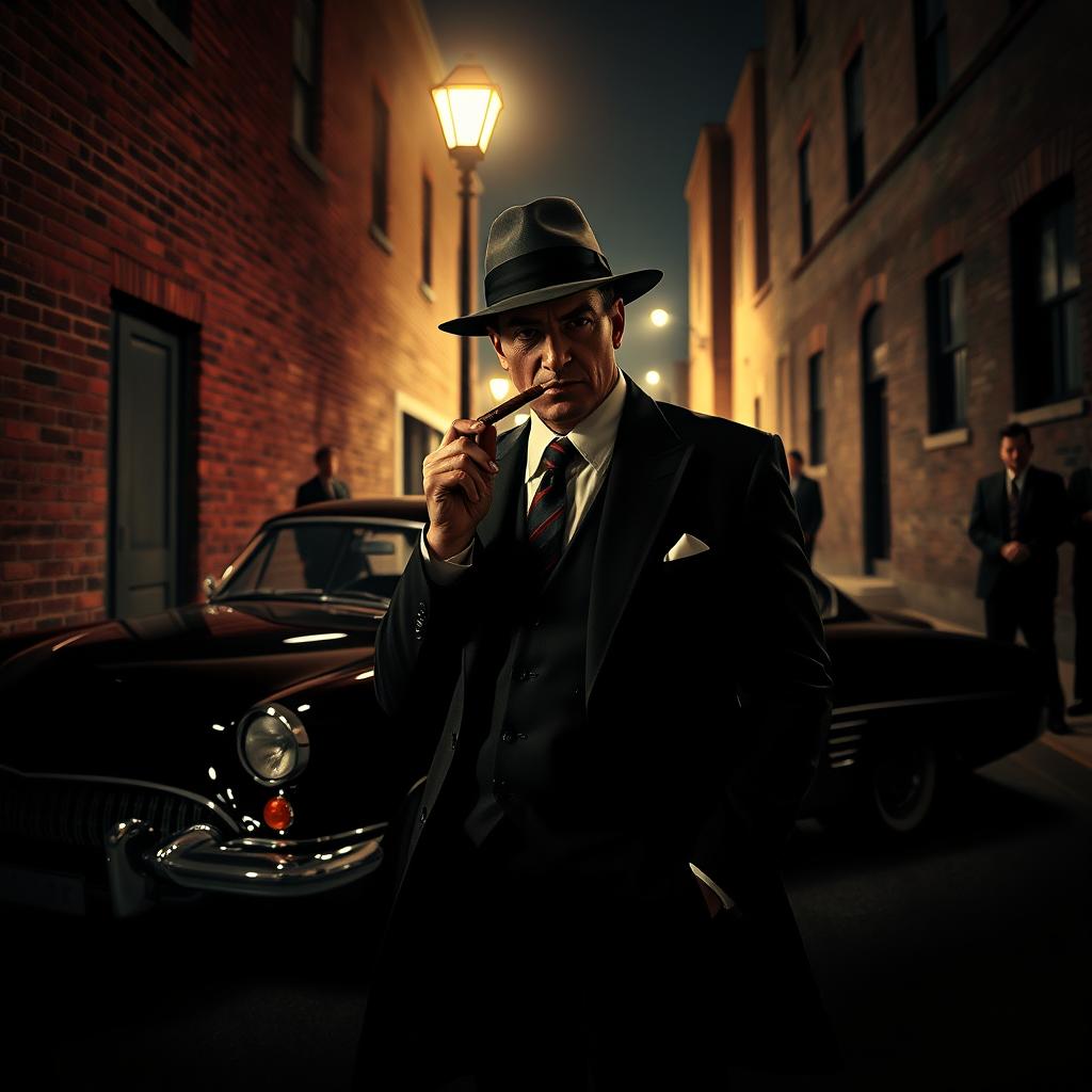 A cinematic scene featuring a classic mafia setting, showcasing a sleek black car parked under a dimly lit street lamp