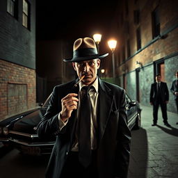 A cinematic scene featuring a classic mafia setting, showcasing a sleek black car parked under a dimly lit street lamp