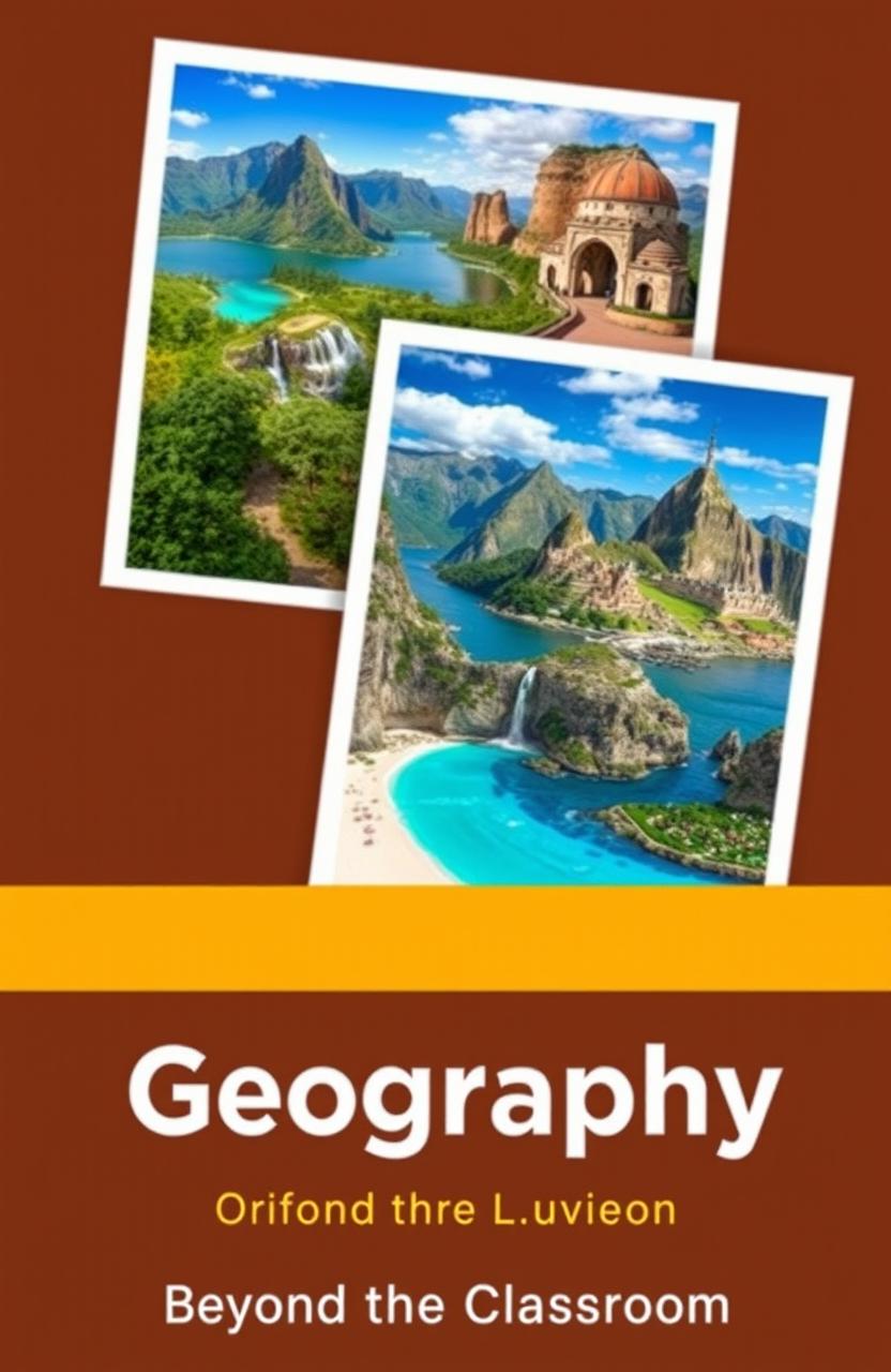 A visually appealing book cover design featuring two or three stunning photographs related to tourism and geography, such as breathtaking landscapes of mountains, beaches, and famous landmarks