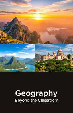 A visually appealing book cover design featuring two or three stunning photographs related to tourism and geography, such as breathtaking landscapes of mountains, beaches, and famous landmarks