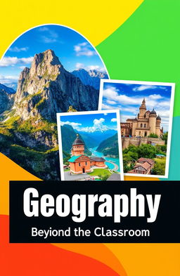 A visually appealing book cover design featuring two or three stunning photographs related to tourism and geography, such as breathtaking landscapes of mountains, beaches, and famous landmarks